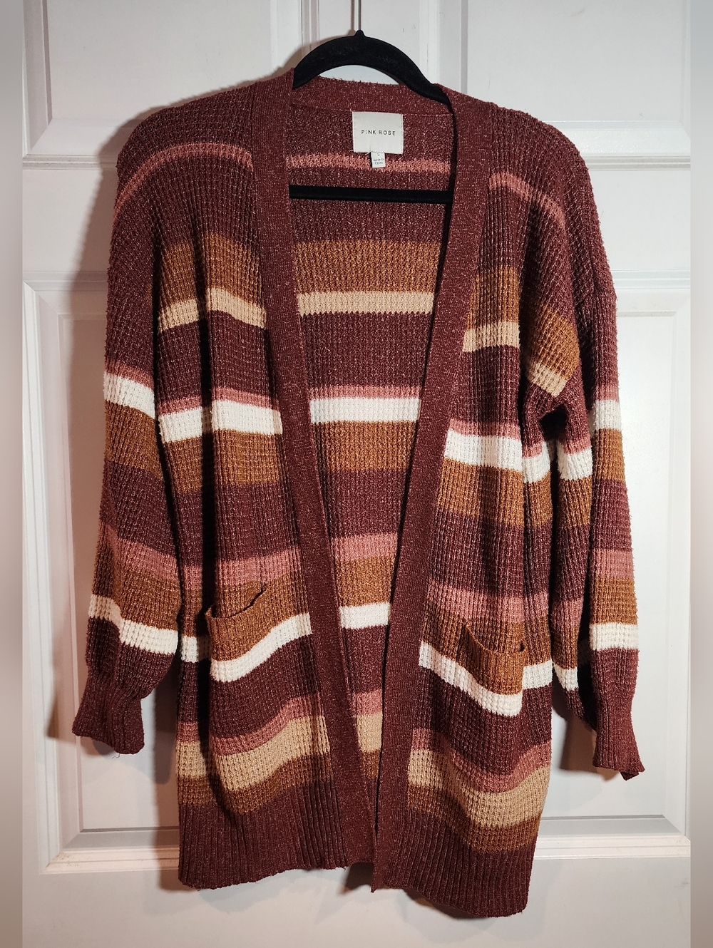 Pink Rose Multicolored Striped Knit Cardigan Sweater Pockets L